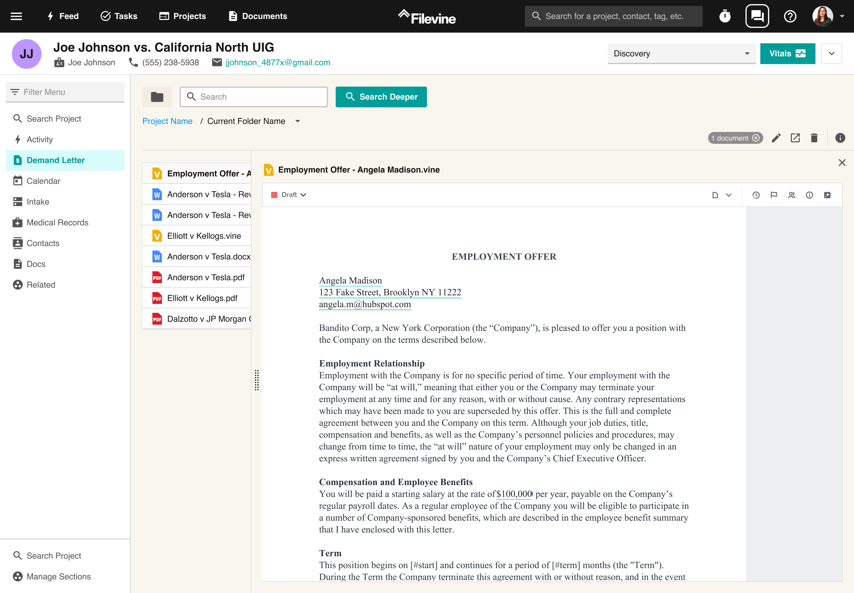 Filevine Document Assembly product design